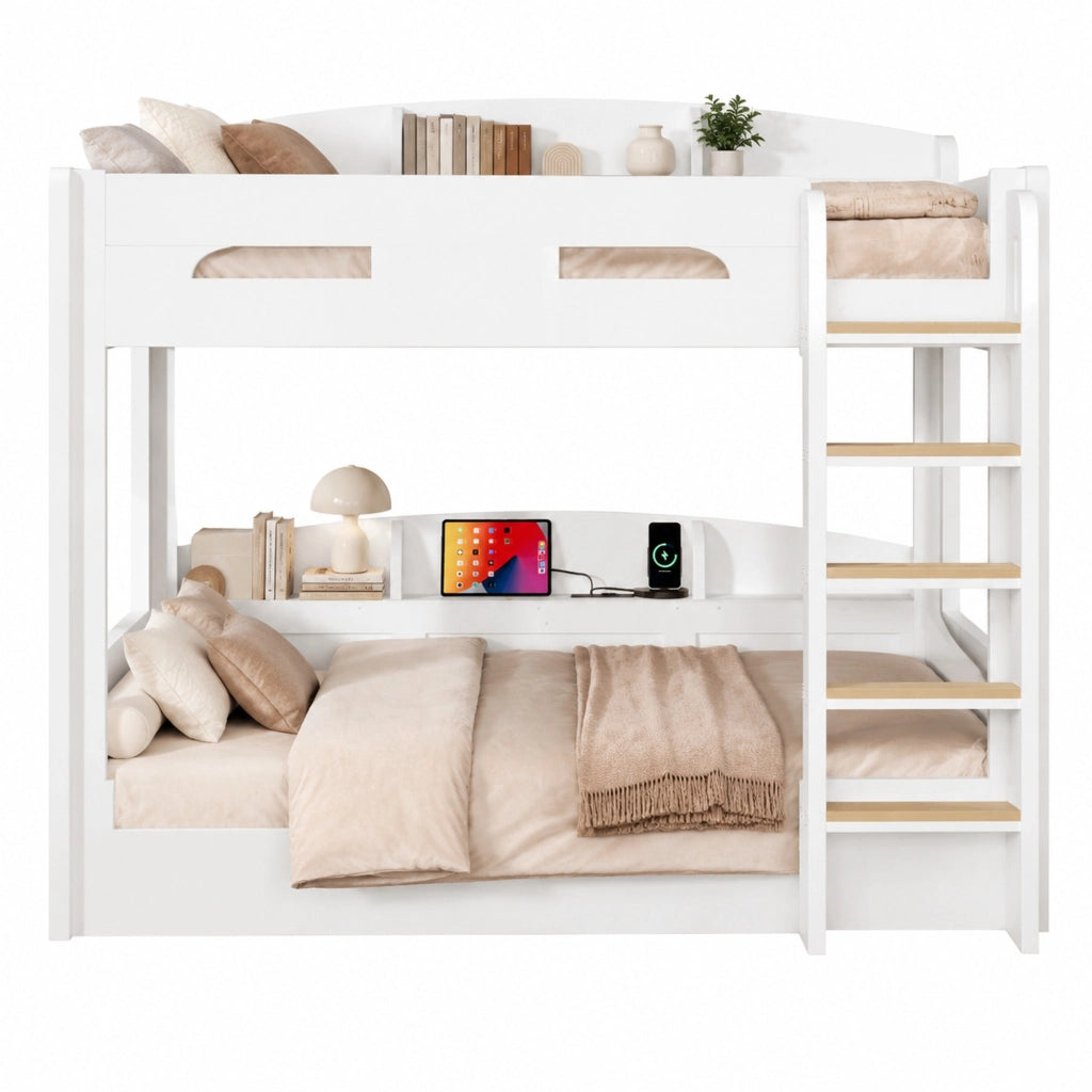 Letto a Castello 90x200 cm con USB; Mensole laterali e ripiani; Bianco