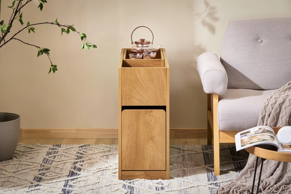 SoBuy Comodino con cassetto e vassoio Tavolino divano Tavolino stretto da soggiorno Naturale 25x70x55 cm cm FBT158-N