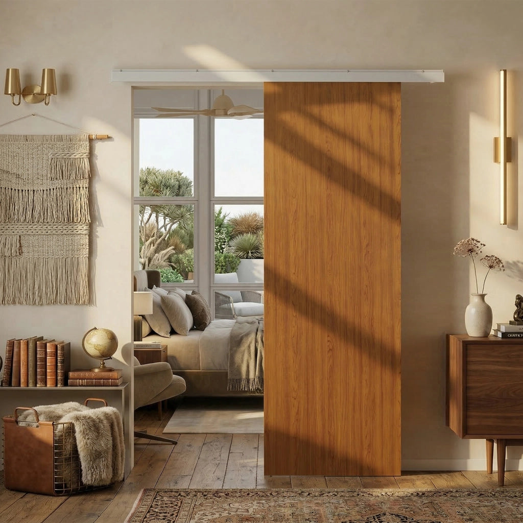 Porta Scorrevole 75x3,5x210 cm con Binario in Alluminio in MDF Effetto Legno Marrone