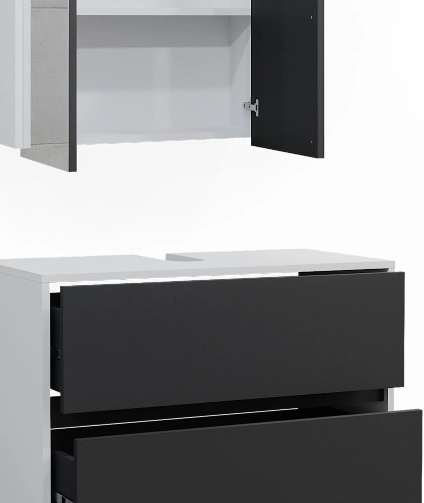 Set di mobili da bagno Maltin, Bianco/antracite, 80 cm, composto da specchio da bagno e mobile sottolavabo