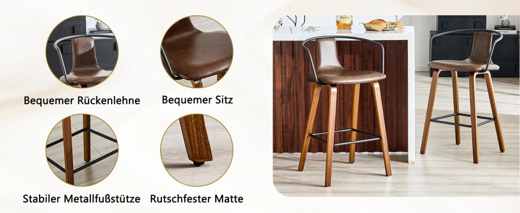 Sgabello da bar con braccioli in legno e metallo con seduta imbottita e poggiapiedi marrone 68 × 52,5 × 44 cm