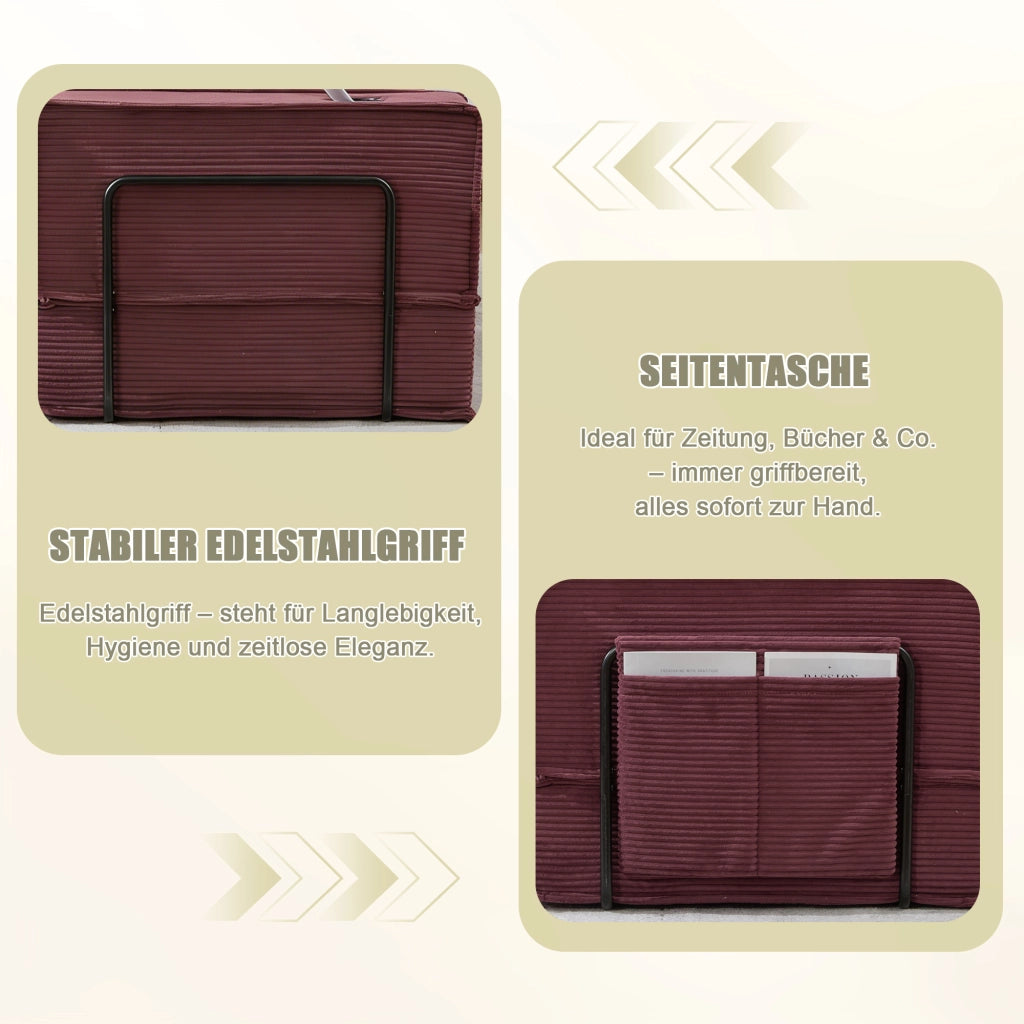 Pouf modulare con tasche laterali cuscini e seduta ergonomica in velluto a coste rosso vino 162 × 78 × 66 cm
