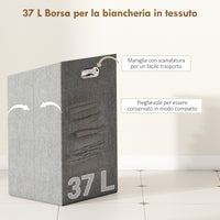 Mobile Bagno a Doghe con Cesto Portabiancheria 40x30x95 cm Apertura a Ribalta in Bambù e Poliestere Grigio e Legno