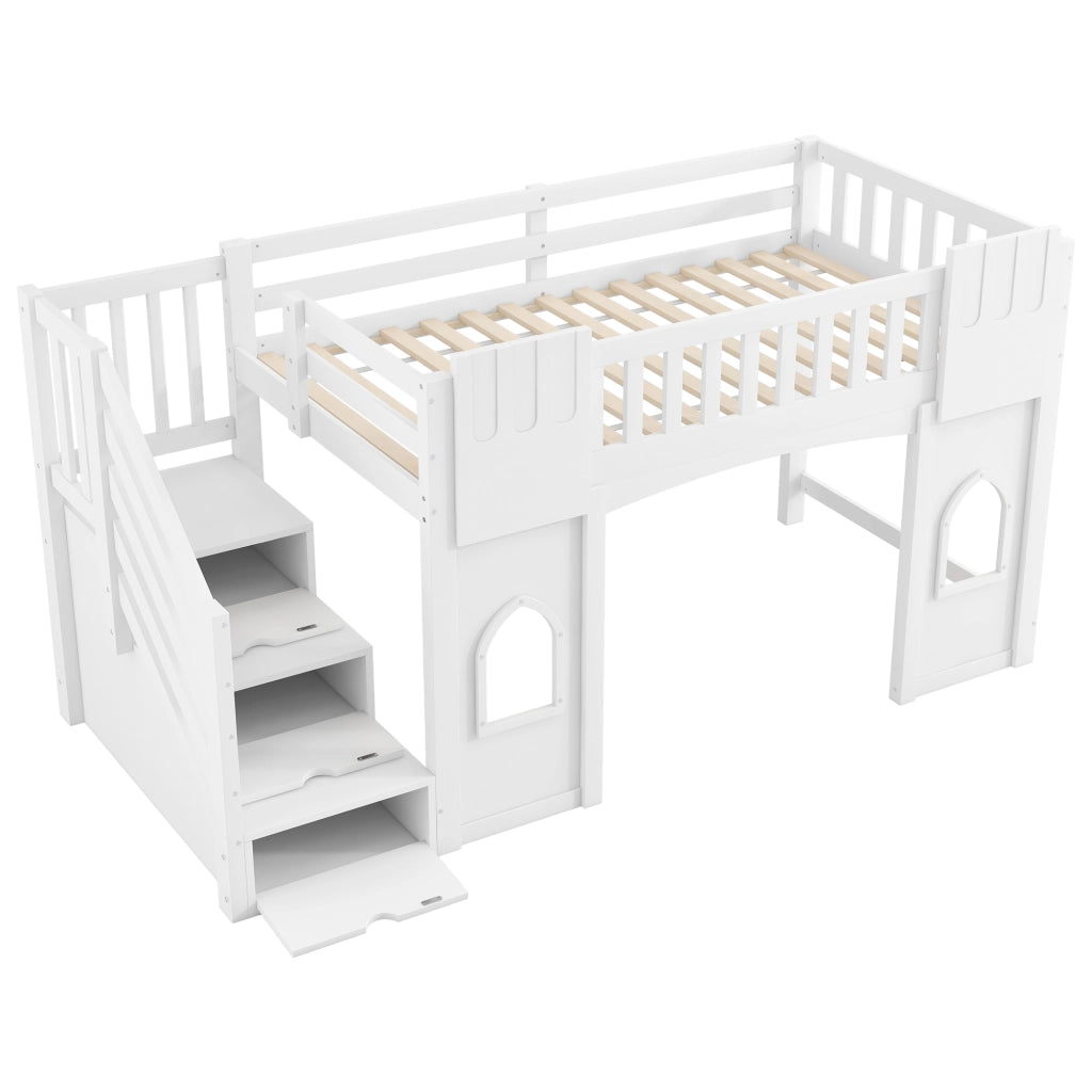 Letto a castello bianco con funzione contenitore e finestre in MDF e pino 90x200 cm