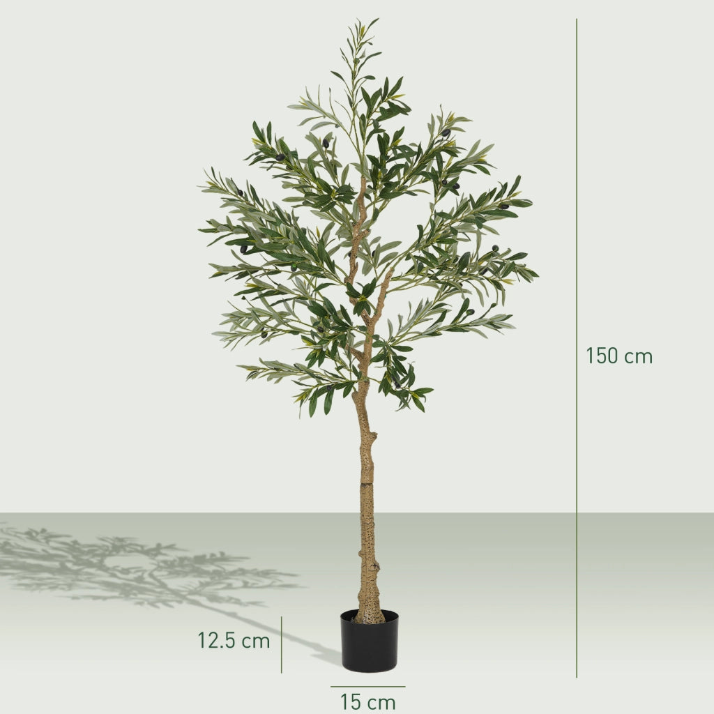 Pianta Artificiale Olivo Alta 150 cm con 720 Foglie e 32 Olive per Interni con Vaso in Plastica e Seta Verde