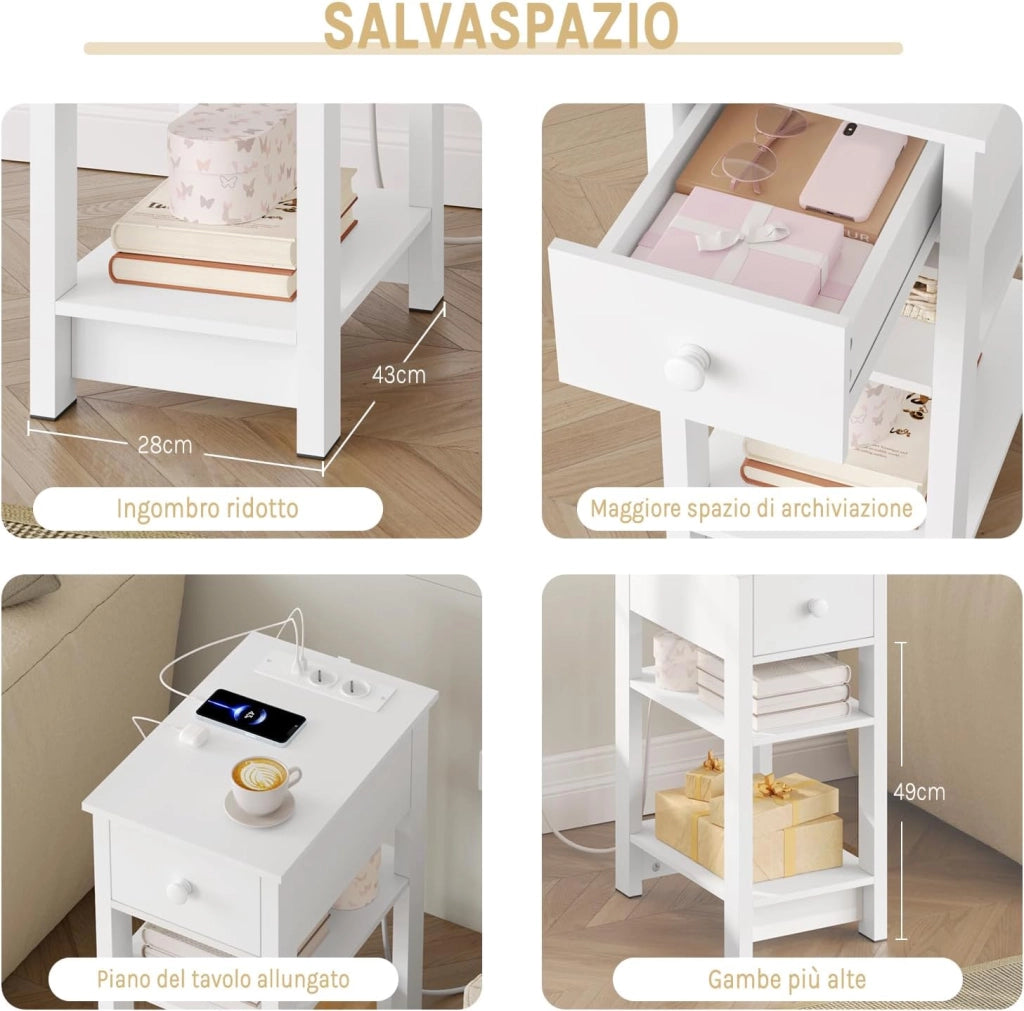 Comodino con Prese Integrate e Porte Usb, Comodino con Cassetto e Ripiani, Tavolino per Piccole Stanze, Camera da Letto, Soggiorno, Bianco, 30x45x65cm, NTS20ws