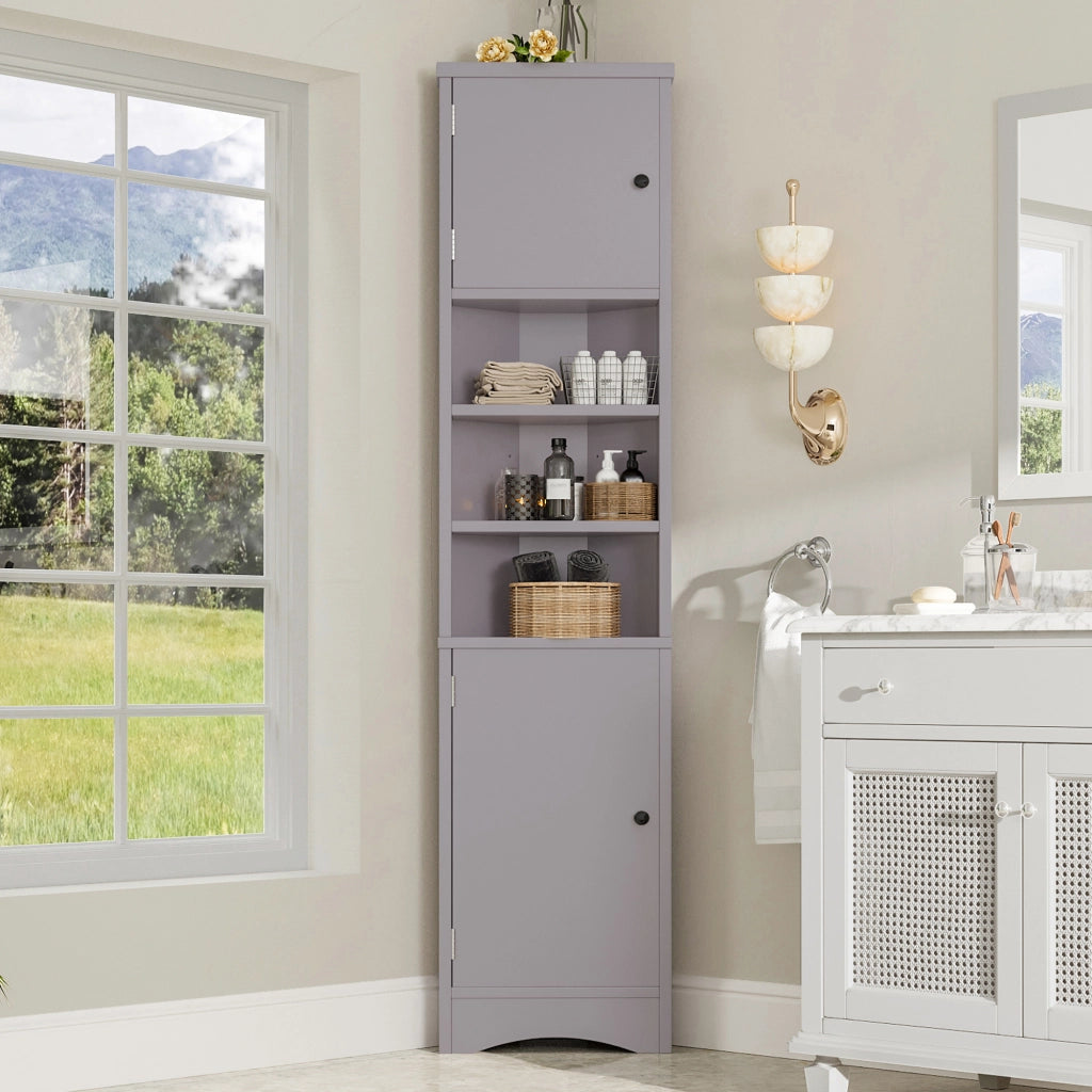 Armadietto da bagno angolare con 2 ante e 3 vani aperti, ripiani regolabili, in MDF, grigio, per bagno