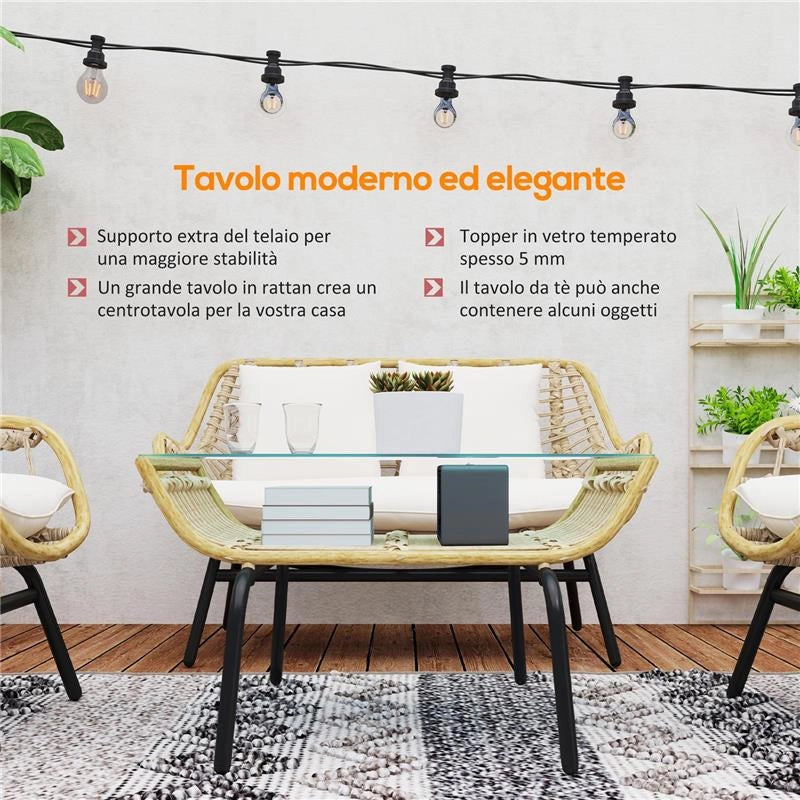 SET DA GIARDINO 4 PEZZI IN RATTAN PE E METALLO CON DIVANETTO 2 SEDIE E TAVOLINO DA CAFFÉ BEIGE