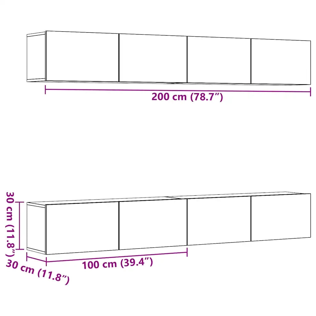 Set di 4 mobili porta TV a parete Legno Antico 100x30x30 cm 3328945
