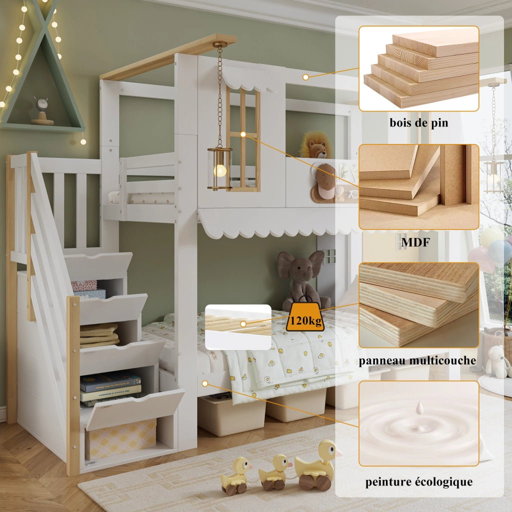 Letto a castello per bambini 90x200 cm con scala contenitore