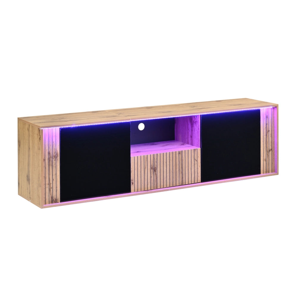 Mobile TV ULEVR 180x40x51 cm con LED Bluetooth, 2 ante e cassetto, nero e legno naturale