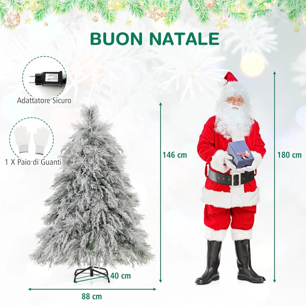 Albero di Natale Innevato 146/180 CM, Albero di Natale Artificiale Pre-Luminoso con Cerniera e 150/250 Luci LED Bianche Calde, 279/519 Punte di Ramo, Ago di Pino (146 CM)