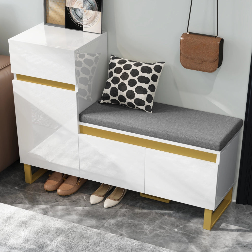 SCARPIERA con panca 120x35x85 cm Bianco Lucido e Oro