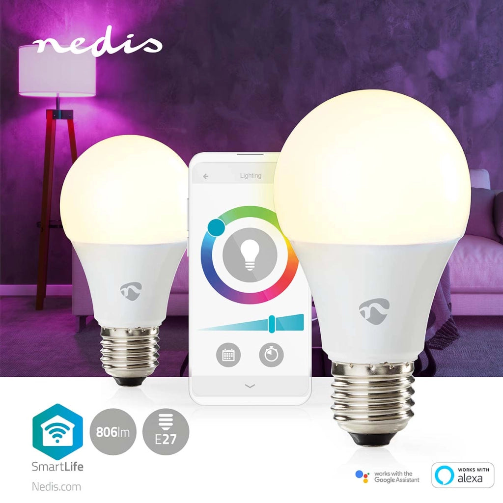 Confezione da 2 lampadine connesse Wi-Fi LED RGB 9W 806lm E27 in plastica Bianco Nedis