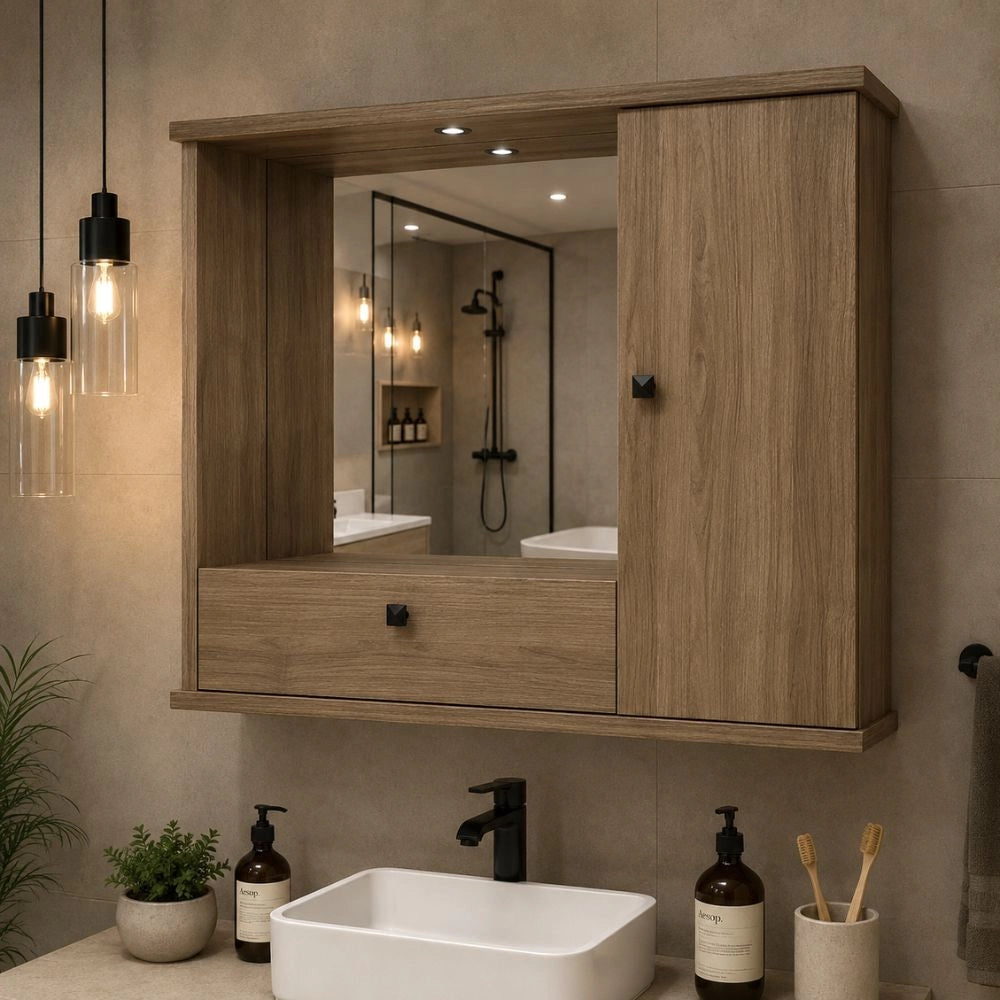 Mobile Bagno Pensile noce naturale con Specchio e Ante 73x14x61H