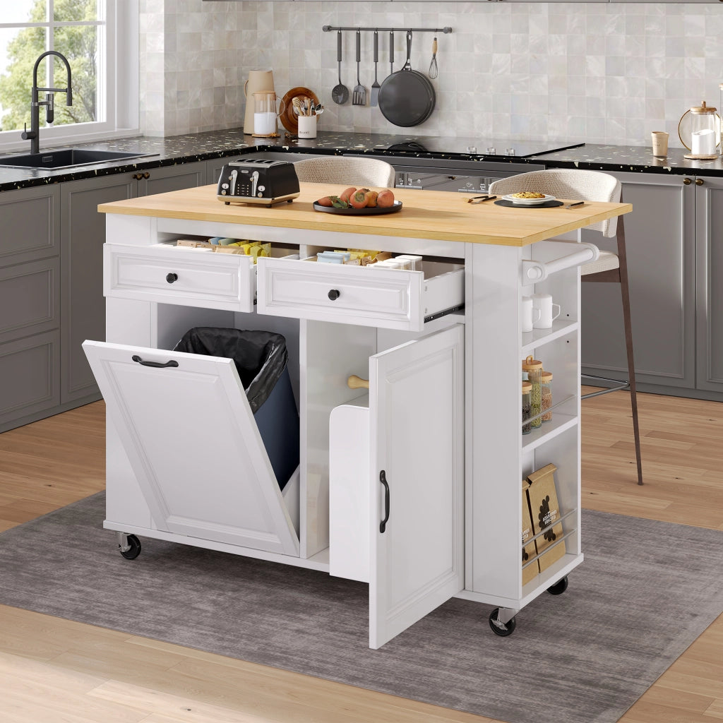 Carrello da Cucina con Piano Ribaltabile; Vano Pattumiera; Portasciugamani e Prese; 120x40-70x92 cm