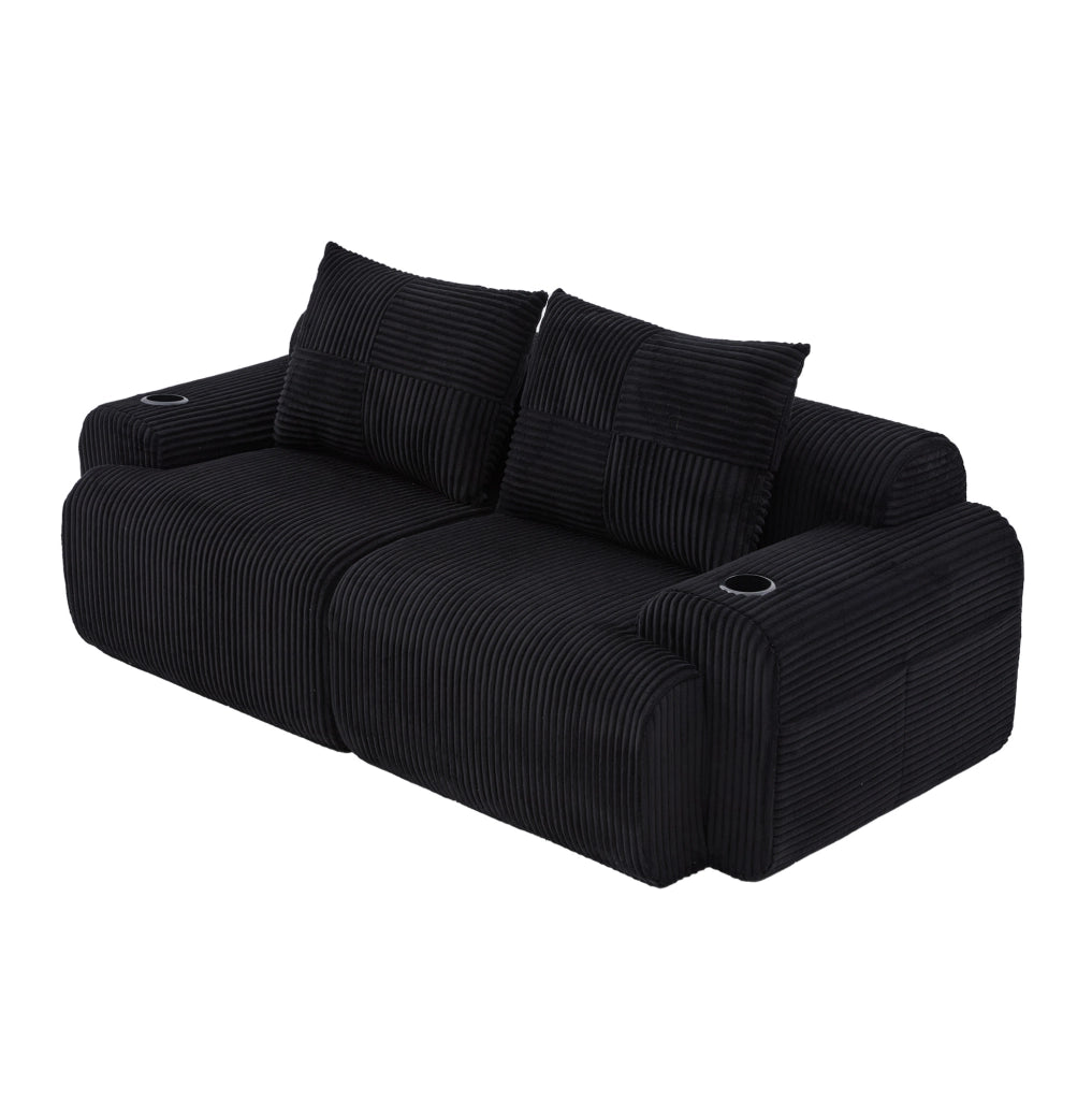 Divano modulare a 2 posti in tessuto corduroy nero; con portabicchiere e tasca laterale; 200 cm