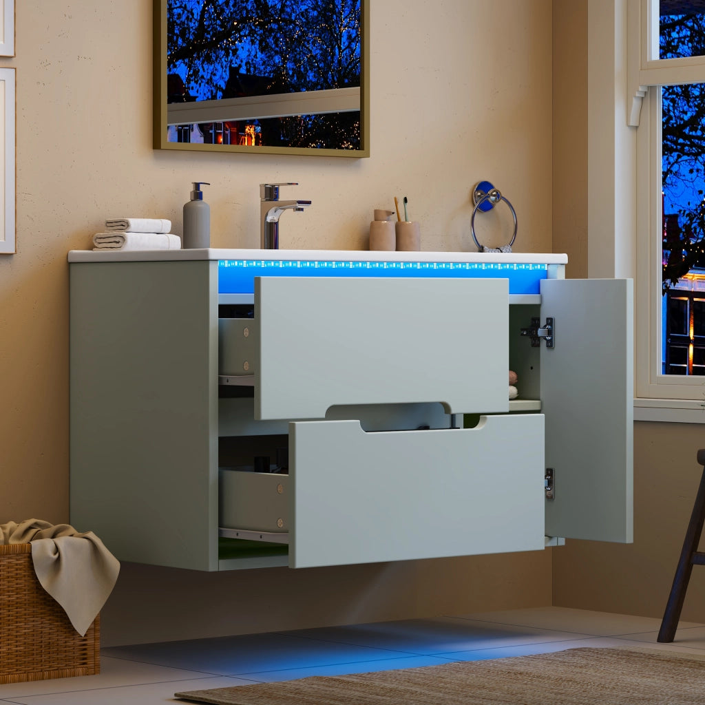 Mobile bagno sospeso 81 cm verde con lavabo in ceramica e luci LED