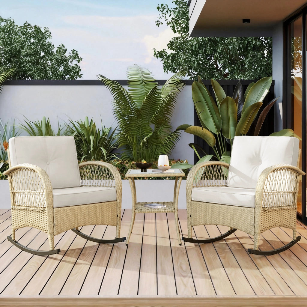 2 Sedie a Dondolo da Giardino con Tavolo; Schienale Alto e Piano in Vetro; Rattan e Metallo; Beige