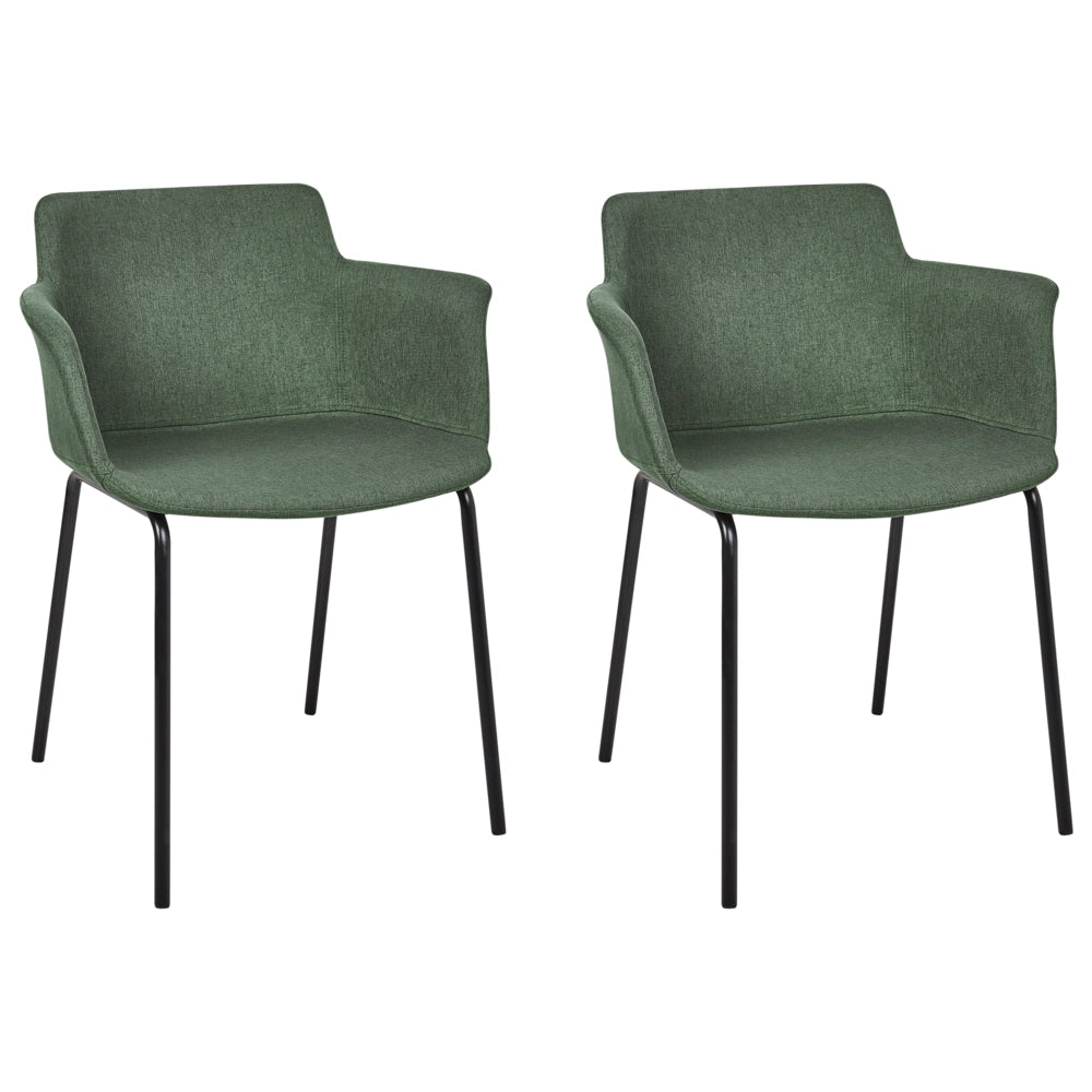 Set di 2 sedie da pranzo con rivestimento in poliestere verde e gambe in metallo nere stile moderno