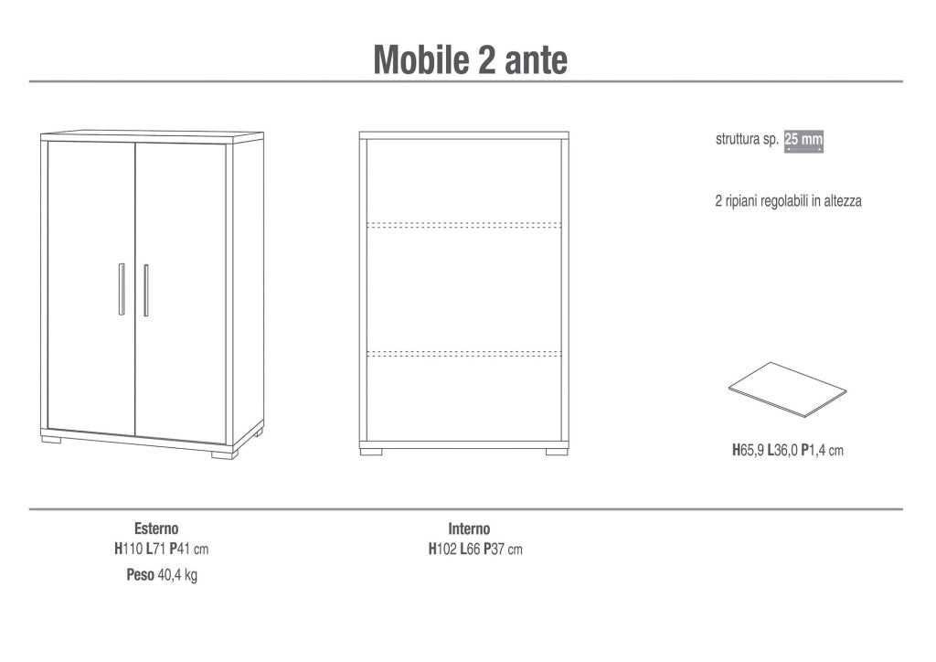 Mobile 2 Ante 71x110x41 cm Ossido Bianco/Rovere Naturale