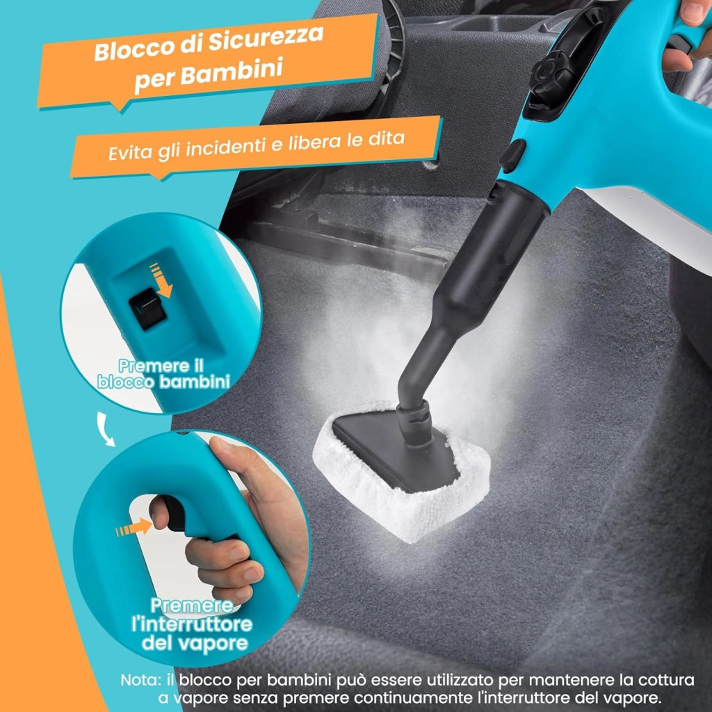 1500W Pulitore a Vapore Portatile, Macchina a Vapore con Serbatoio d'Acqua da 400 ml Blocco per Bambini e Kit di Accessori da 14 Pezzi, 33x13x24,5 cm (Blu)