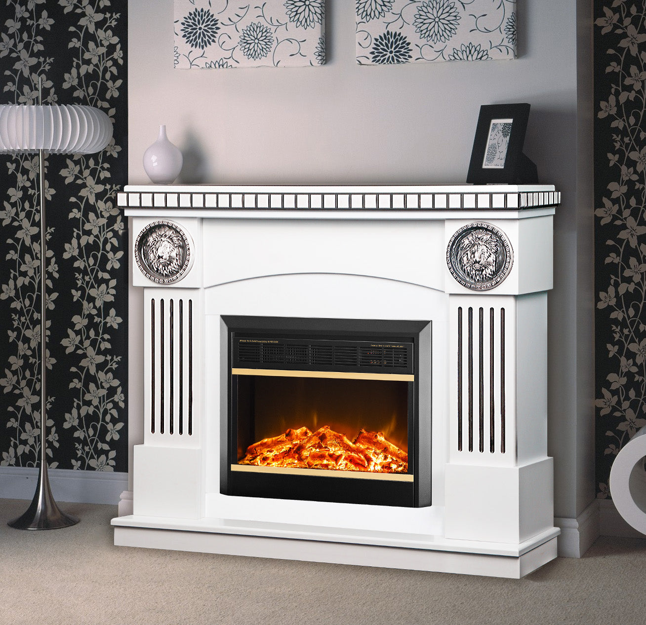 Camino Elettrico da Pavimento 105x120x33 cm Effetto Fiamma 1500W Prometeu & Mars Bianco/nero