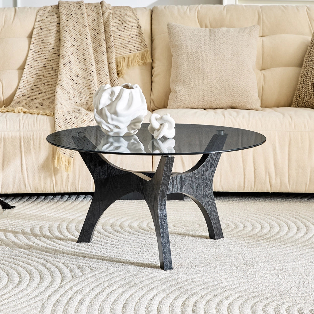 Tavolino da caffè rotondo con piano in vetro e base in MDF per soggiorno 80 x 42.2 cm