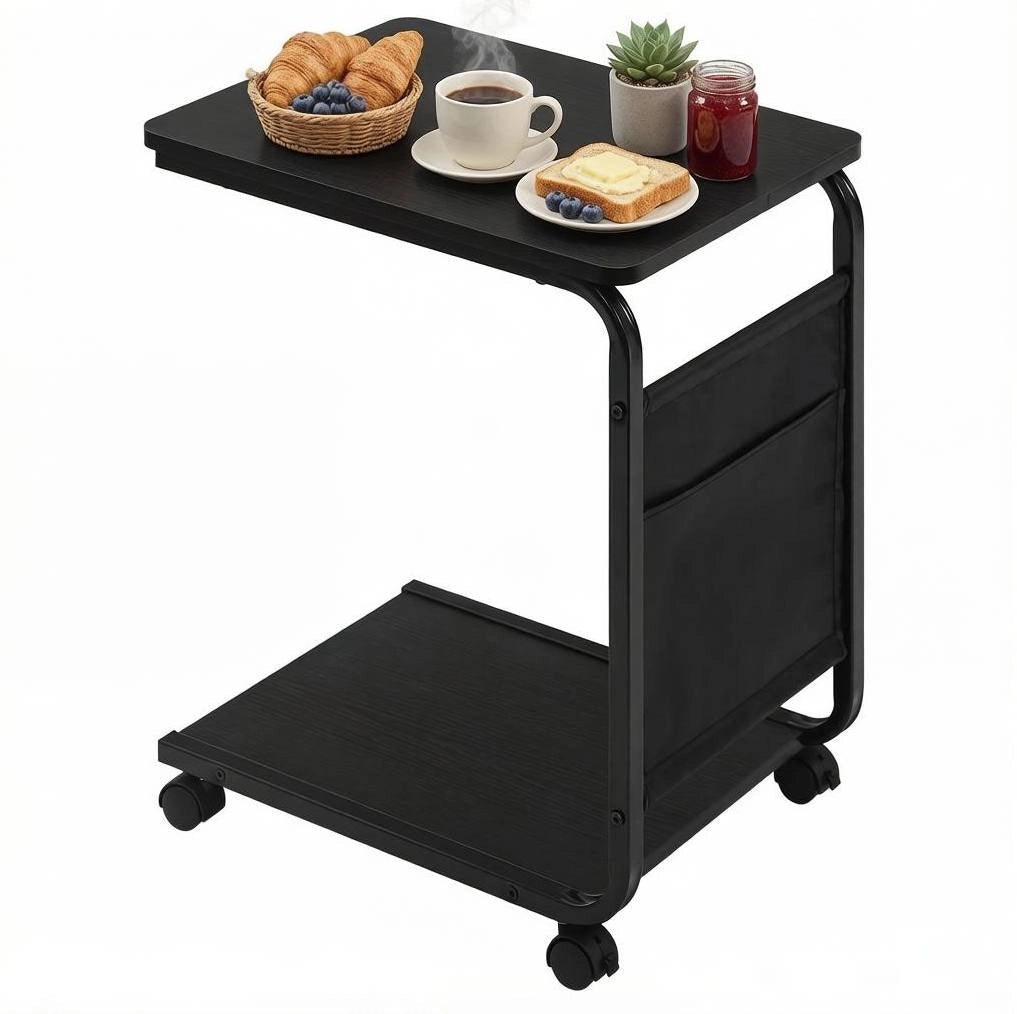 Tavolino a C 50x35x62 cm in legno e metallo nero con ruote e vano contenitore