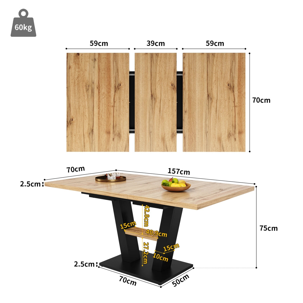 Tavolo da pranzo allungabile con 4 sedie, struttura in MDF e metallo, nero e naturale, 118 × 70 × 75 cm
