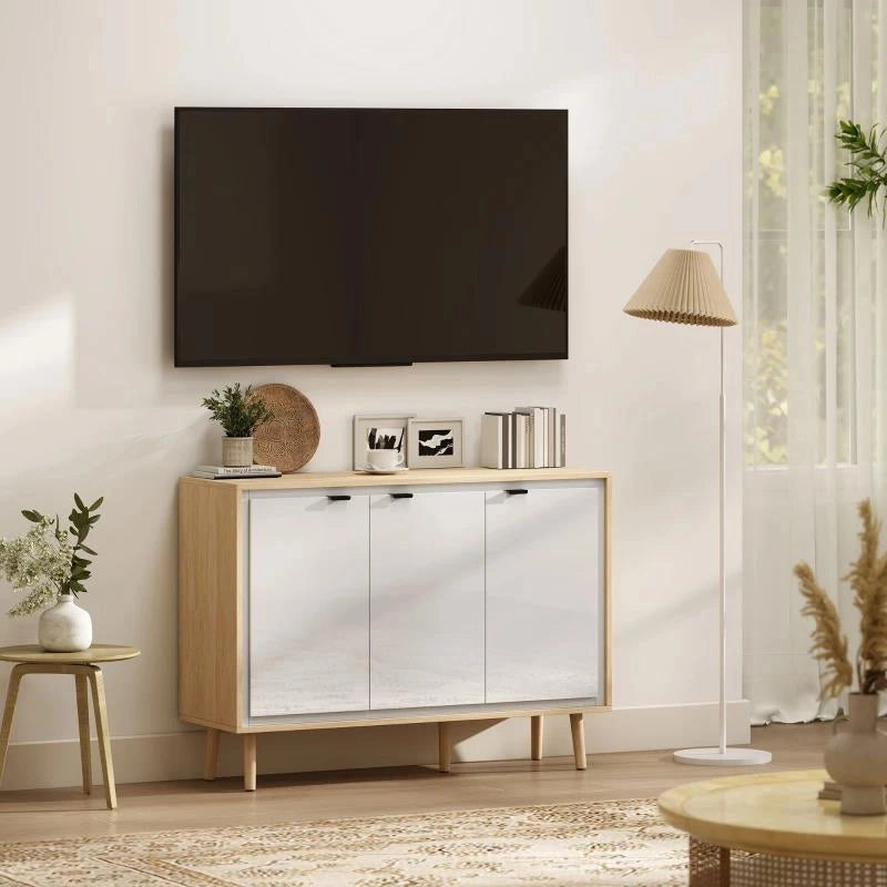 CREDENZA MODERNA A 3 ANTE CON RIPIANO REGOLABILE, 107X35X77 CM, BIANCO LUCIDO E ROVERE