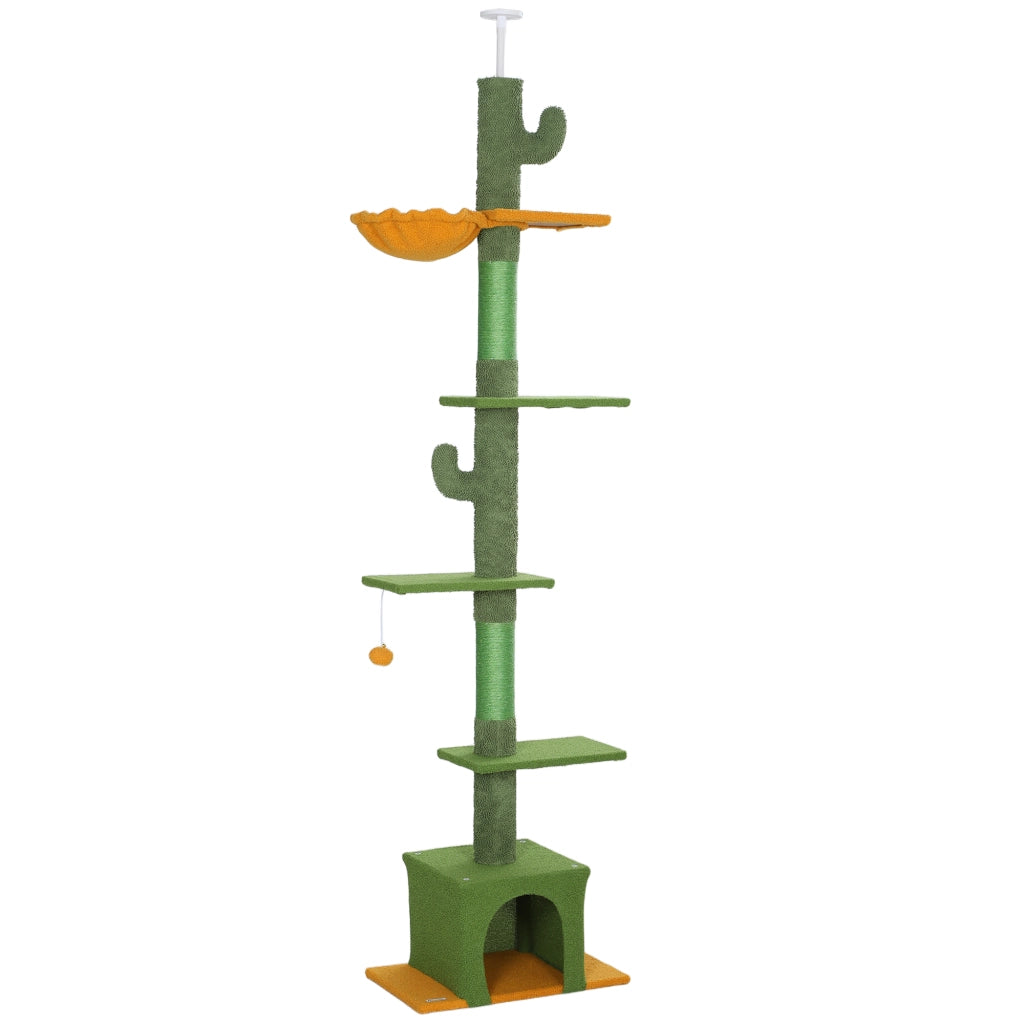 Tiragraffi per gatti da soffitto regolabile 230-275 cm con cuccia, amache, piattaforme e dispositivo anti-ribaltamento, verde