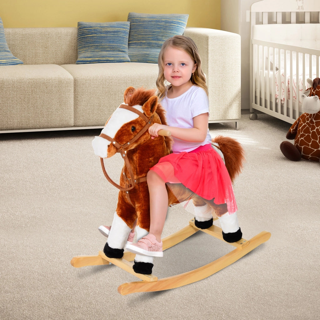CAVALLO A DONDOLO PER BAMBINI IN PELUCHE CON SUONI MARRONE