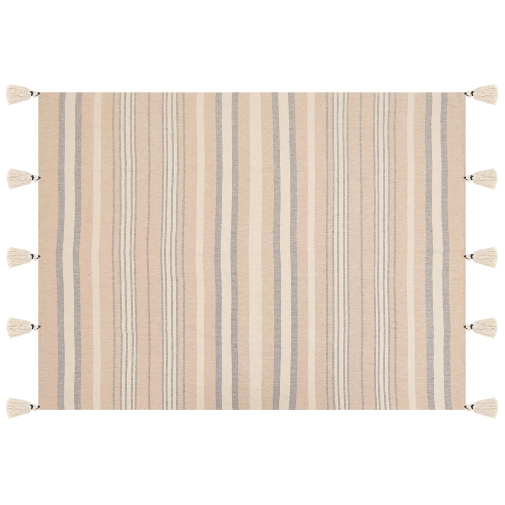 Coperta Beige Cotone 130 x 170 cm Accessorio a righe con frange decorative Fatto a mano