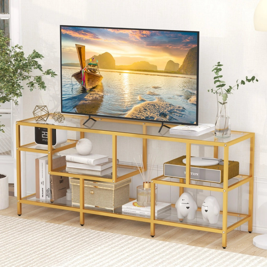 Supporto TV moderno per TV fino a 65 pollici per soggiorno-Tavolo consolle TV con mensole in vetro temperato Oro