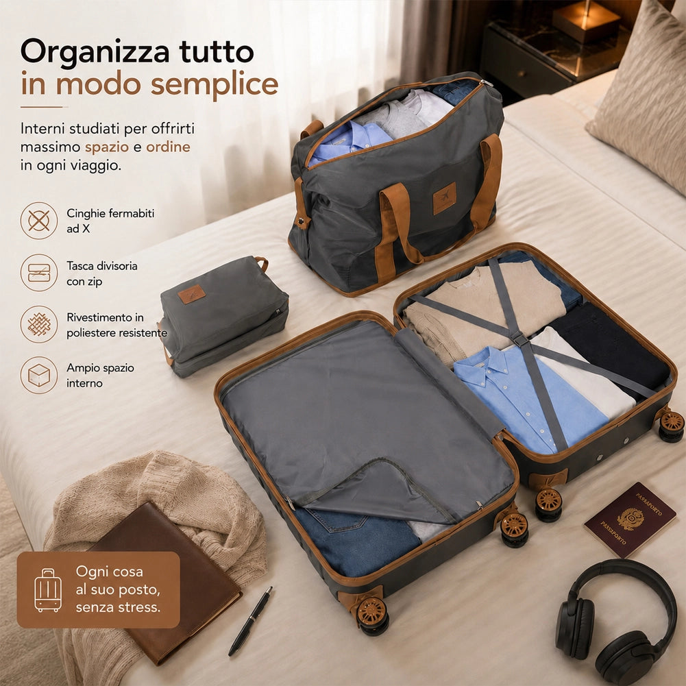 Set 6 Pezzi Valigie Rigide Family in ABS Beauty Case Grigio e Marrone 55/66/75cm