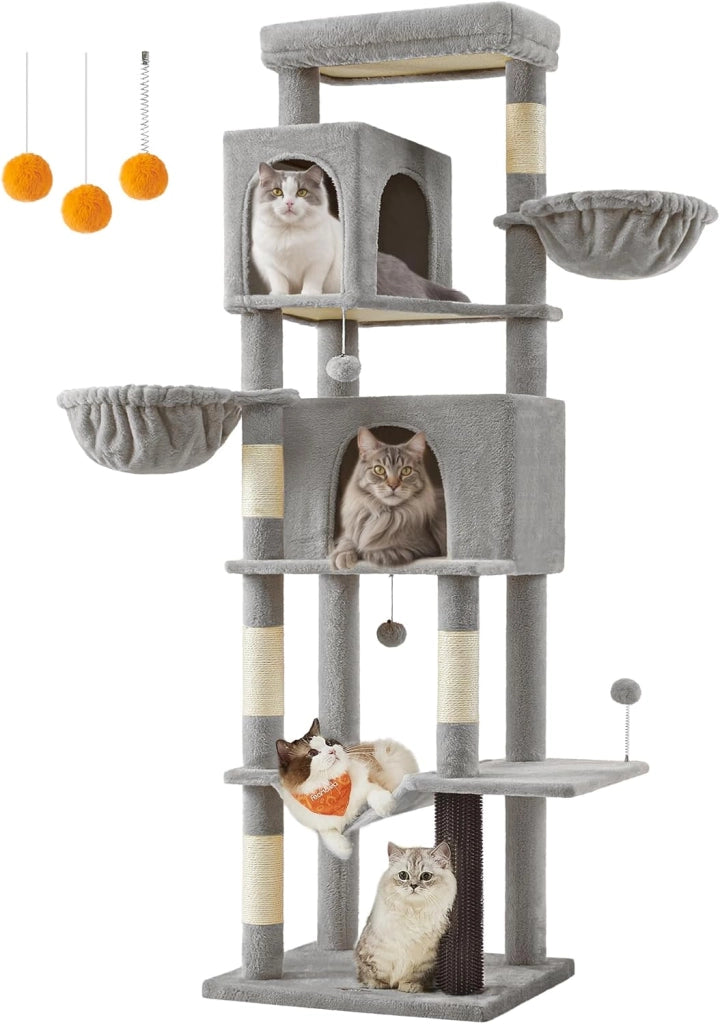 Feandrea Albero per Gatti Grande, Torre Tiragraffi Alto 175 cm, Multilivelli con 2 Grotte, 2 Cestini, 5 Graffiatoi, Autospazzola, Trespolo, Amaca, Beige Sabbia PCT182Y01
