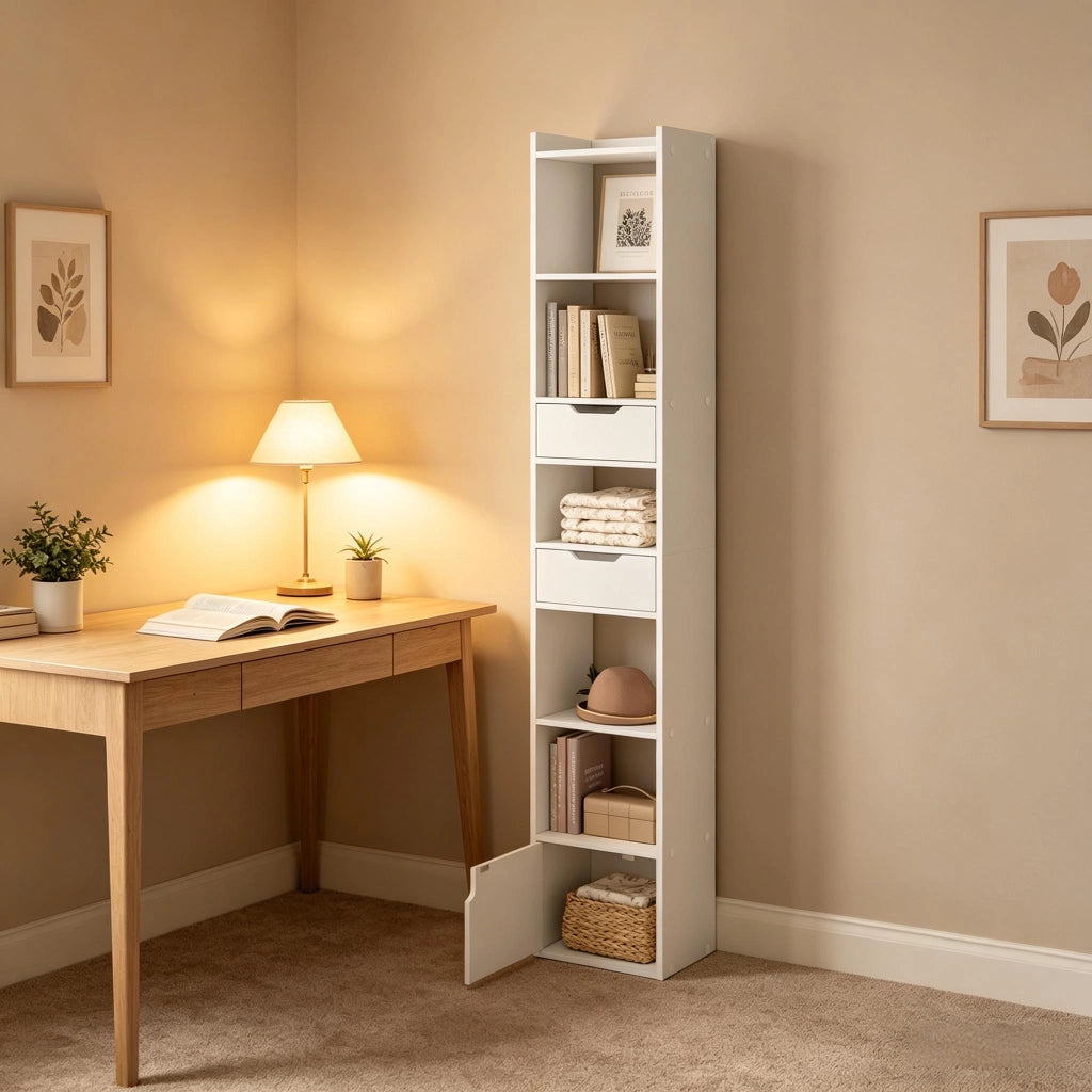 Libreria 33x24x181 cm con 6 ripiani e 2 cassetti in legno bianco