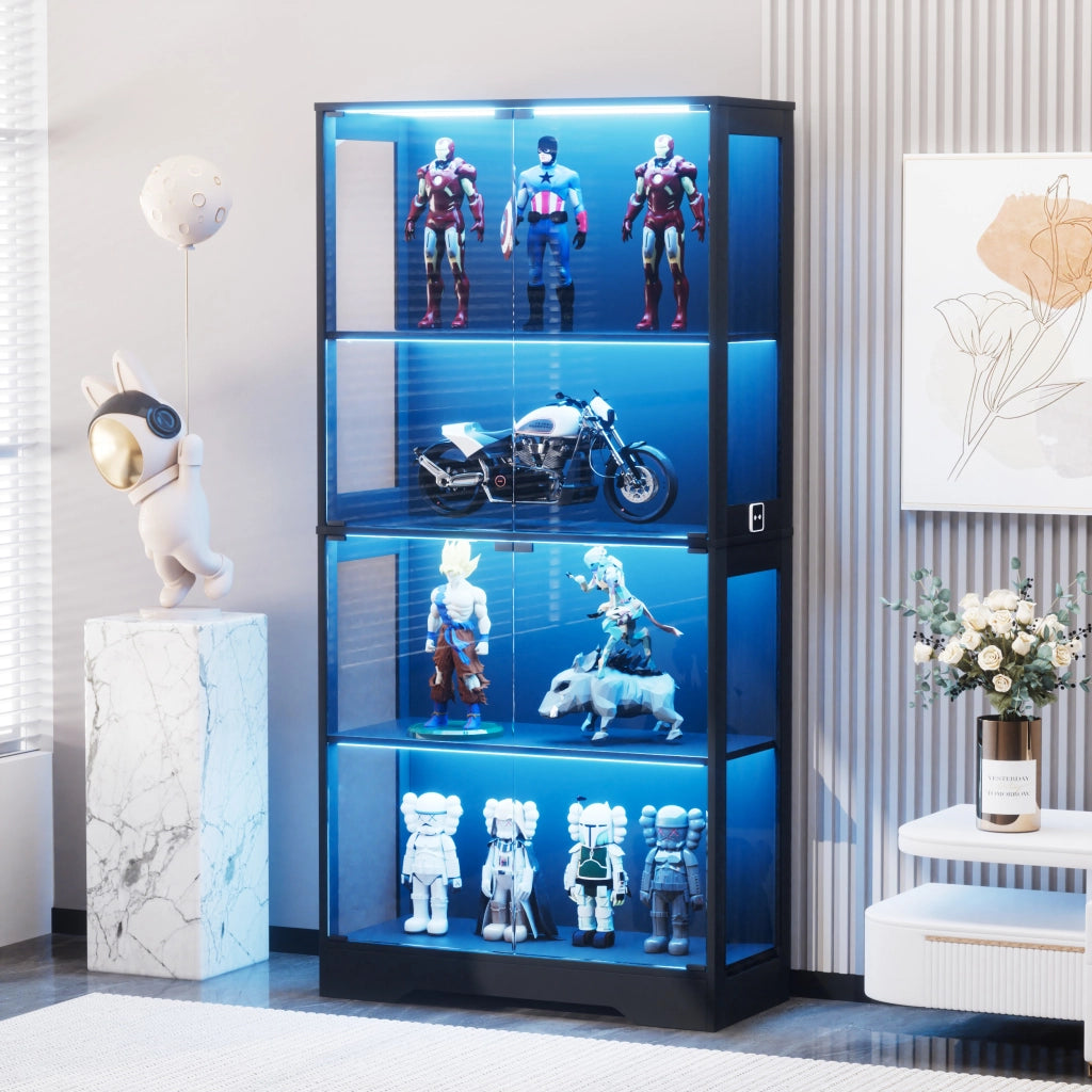 Vetrina in vetro con LED e sensore di movimento, sportelli in vetro, per soggiorno e camera da letto, nero, 80 × 35 × 165 cm
