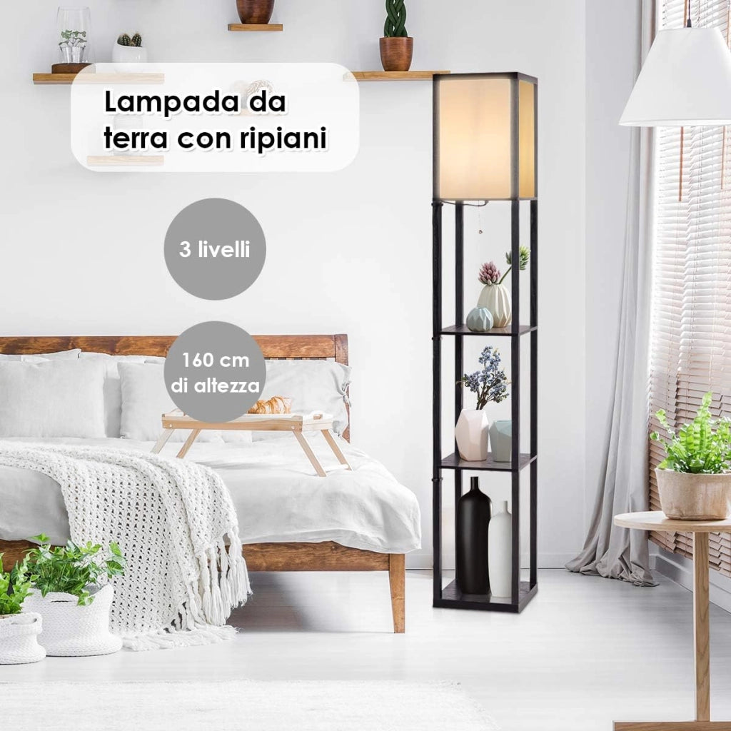 Lampada da Terra da Salotto Design e Moderno, Lampada da Terra con Lampada e 3 Mensole Paralume, Ideale per Soggiorno, Camera da Letto e Studio, Nero
