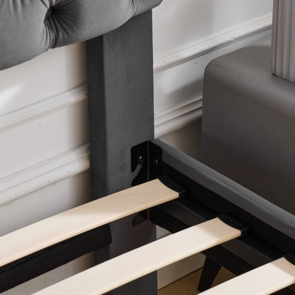 Letto Singolo Imbottito con Testiera Regolabile ¨C MINIMAL ¨C Velluto Grigio, Rete a Doghe, 90x200