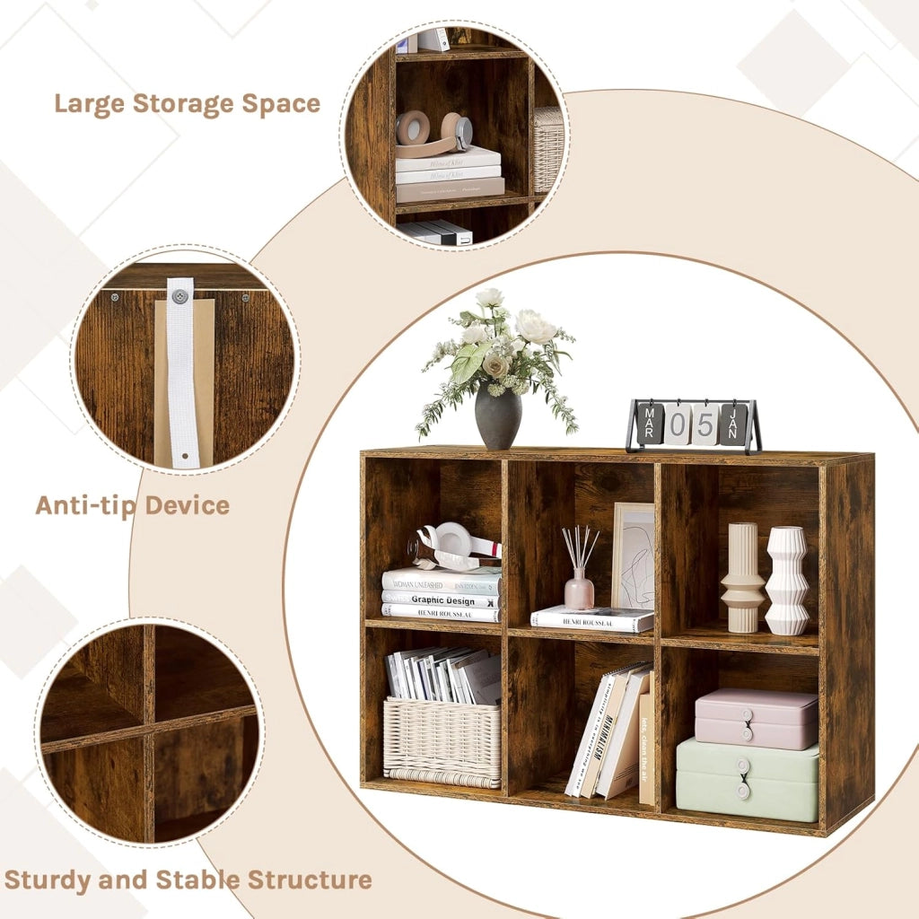 Libreria con 6 Cubi, Scaffale per Libri, Libreria Verticale per Camera da Letto, Soggiorno, Studio, Ufficio, Legno Ingegnerizzato, Marrone rustico, 59.6x29x89cm