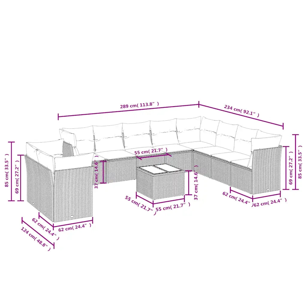 Set Divani da Giardino 11 pz con Cuscini Polyrattan Marrone