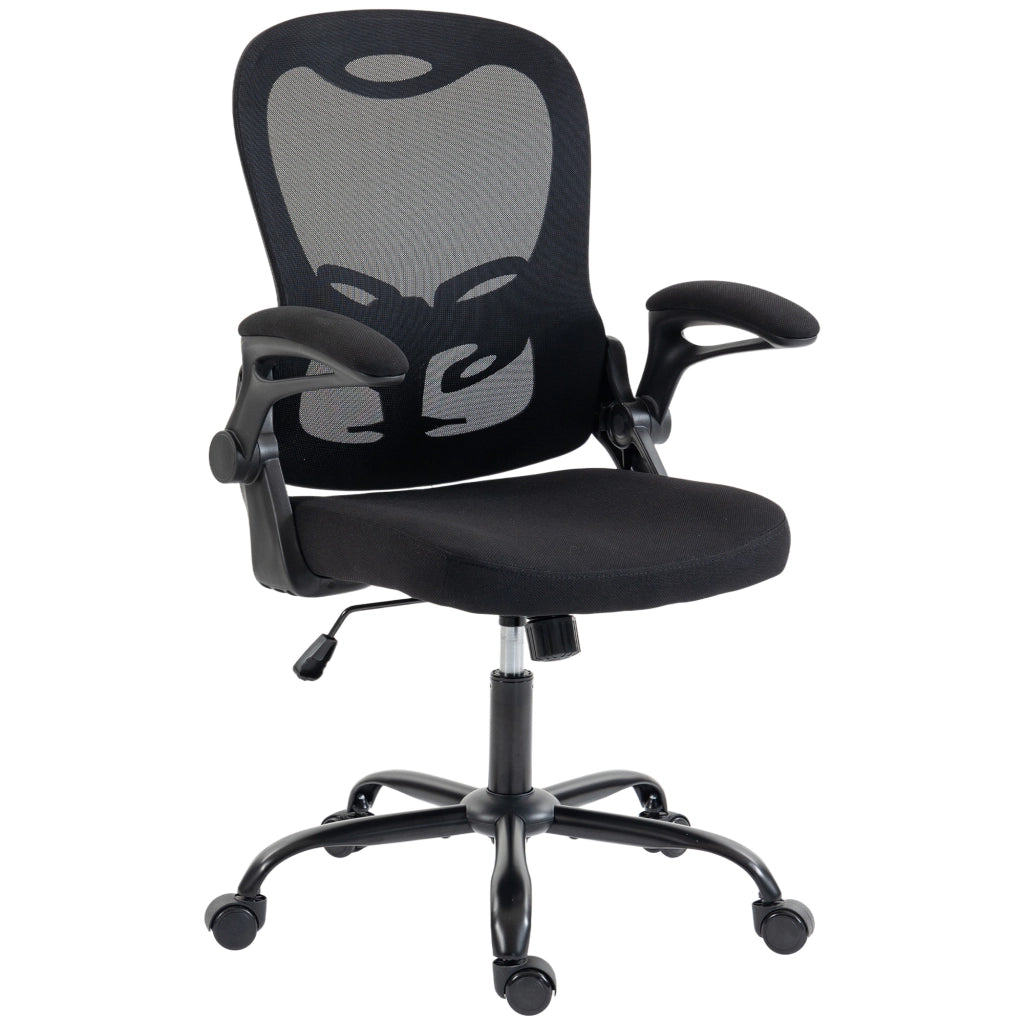 Sedia da ufficio ergonomica in rete con braccioli ribaltabili, altezza regolabile 46,5-56,5 cm e bascula, nera