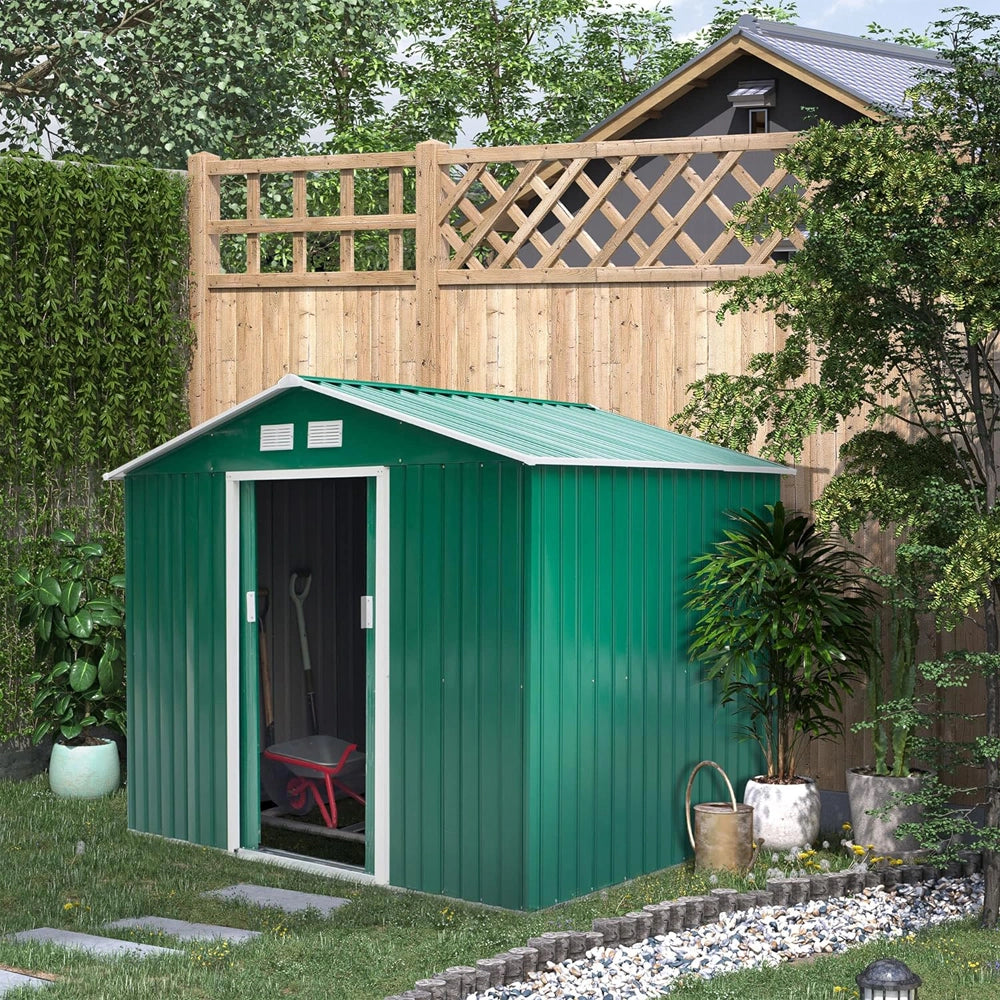 CASETTA BOX PORTA ATTREZZI CAPANNO GIARDINO BASE E DOPPIE PORTE SCORREVOLI 277×195×192cm IN ACCIAIO VERDE OUTSUNNY 845-031GN