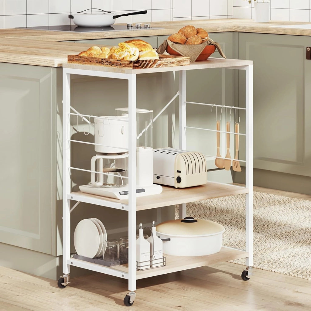 Scaffale da Cucina con Ruote, Carrello Cucina a 3 Livelli, Scaffale per Microonde con 4 Ganci, Carrello da Bar con Struttura in Metallo, Bianco + Effetto Legno, 60x40x82,5 cm