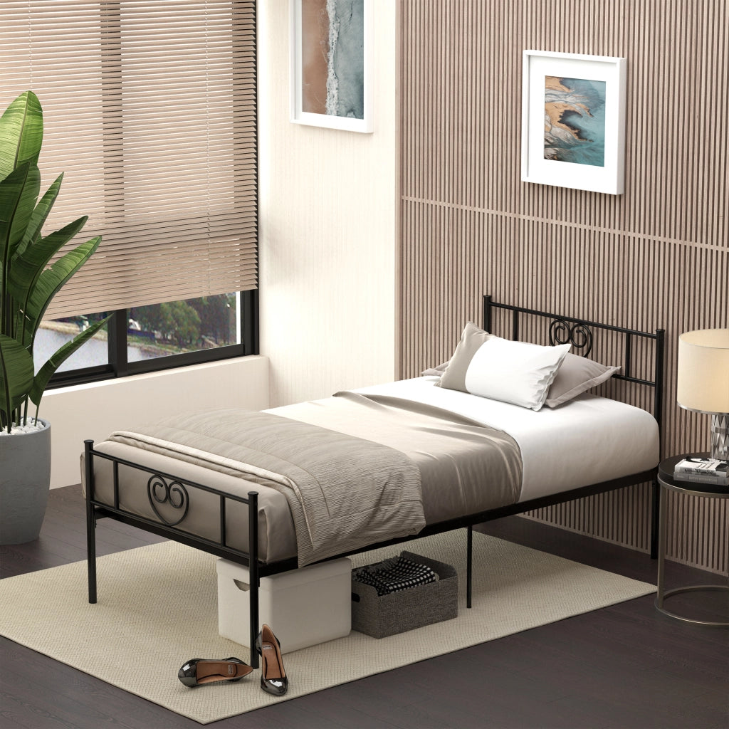 Letto Singolo in Metallo con Testiera a Forma di Cuore ¨C Zephmum ¨C Nero 90x190x31 cm