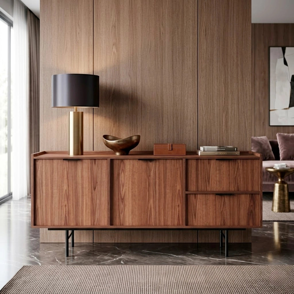 Credenza Design Moderno Con 2 Ante 2 Cassetti Ripiani Interni Gambe In Metallo E Struttura In Melaminico Per Soggiorno Sala Da Pranzo Ingresso Ampio Spazio Contenitivo 150 X 40 X 68 Cm Noce