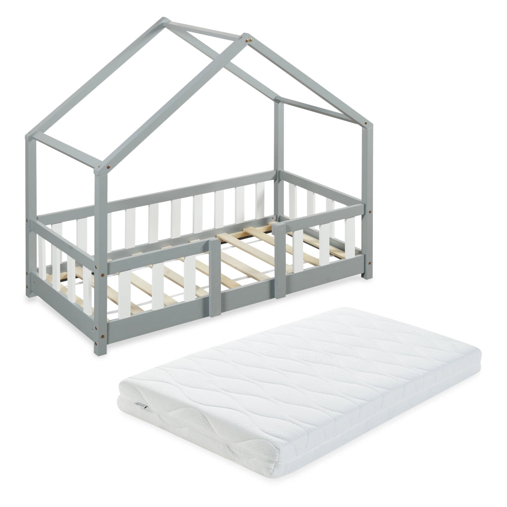 Letto per Cameretta Treviolo a Forma di Casetta in Stile Montessori con Materasso 70x140 cm - Grigio Chiaro/Bianco [en.casa]