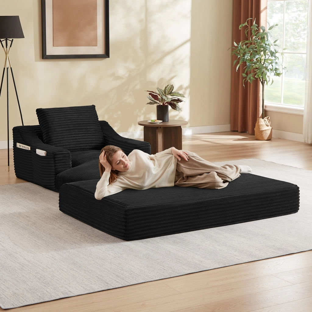 Poltrona reclinabile, poltrona con braccioli, divanetto singolo, velluto a coste, funzione letto, con cuscini, nero